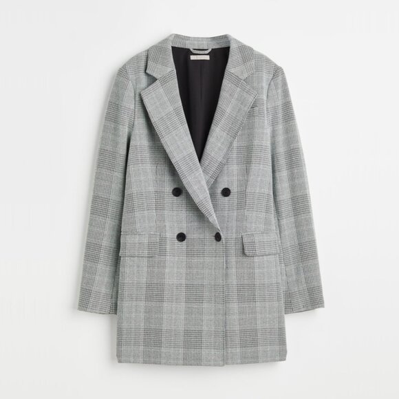 H&M Checked Pattern Double-Breasted Midi-Length Blazer Jacket (Grey/Black/White) - Picture 2 of 16